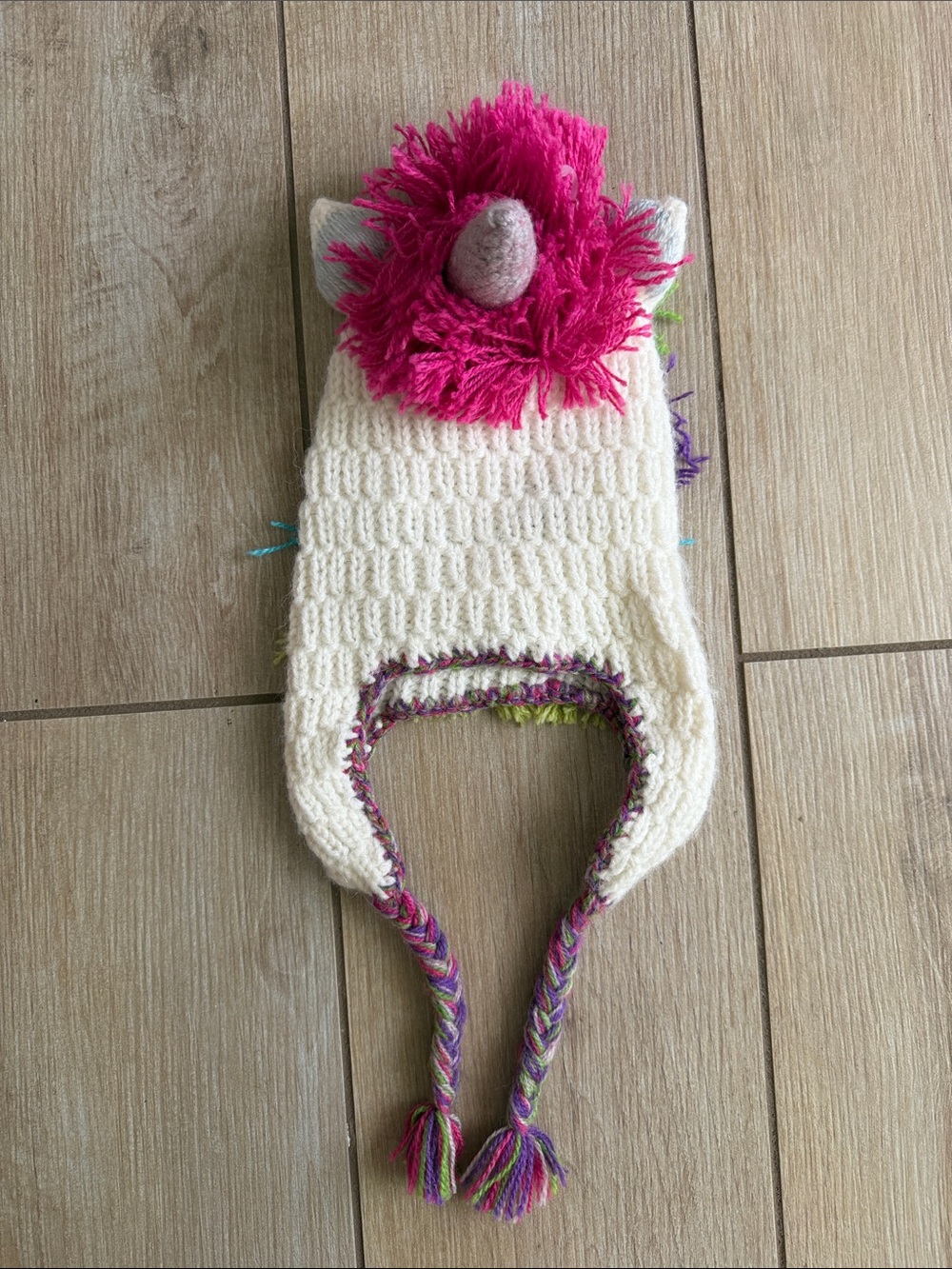 Andes Gifts Girls Cream Knit Rainbow Unicorn Earflap Hat
